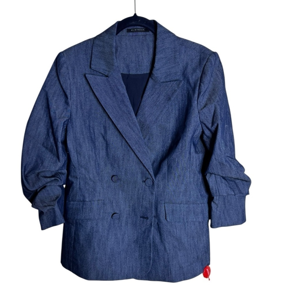 NWT Elie Tahari Denim Blazer womens size Medium ruched sleeve